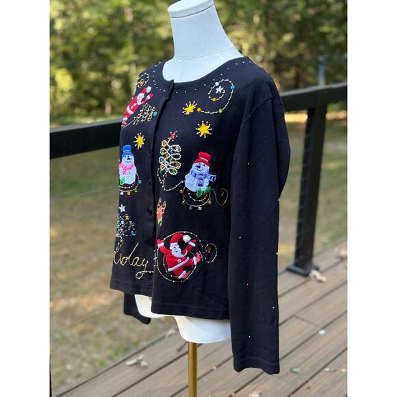 Jack B Quick Vintage Christmas Cardigan Santa Snowman Beaded Holiday Sweater L - Picture 5 of 8